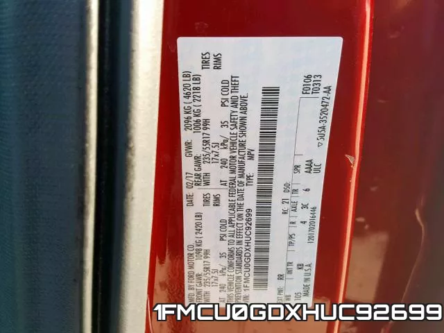 1FMCU0GDXHUC92699 фото 2