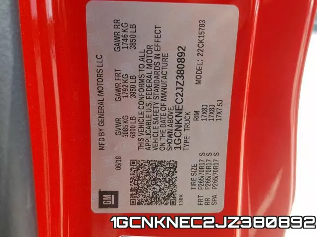 1GCNKNEC2JZ380892 фото 2