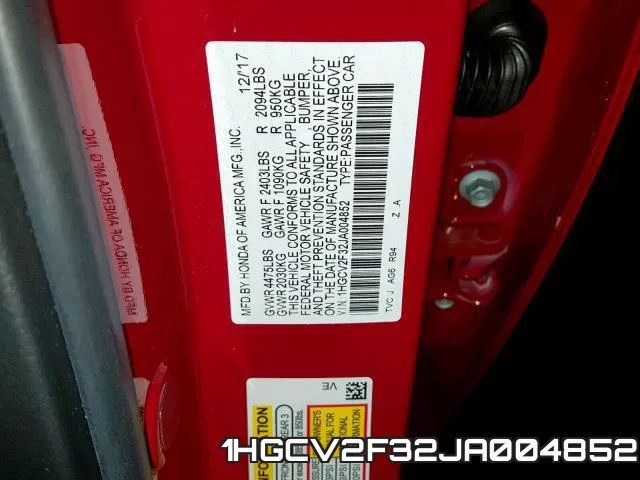 1HGCV2F32JA004852 фото 2