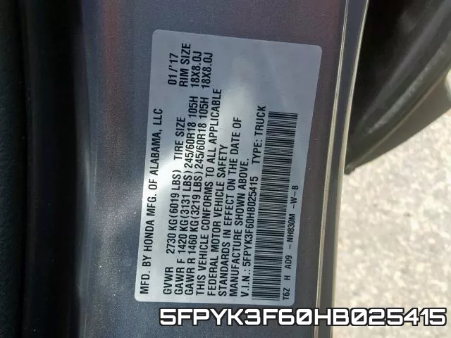 5FPYK3F60HB025415 фото 2