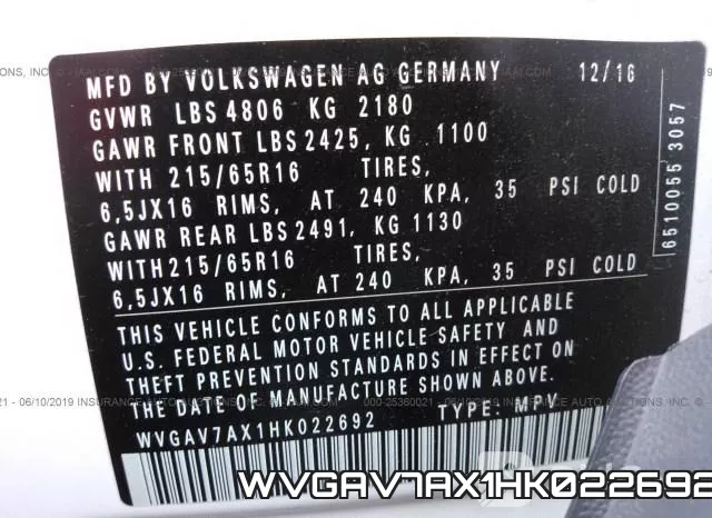 WVGAV7AX1HK022692 фото 10