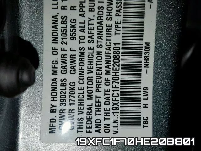 19XFC1F70HE208801 фото 2