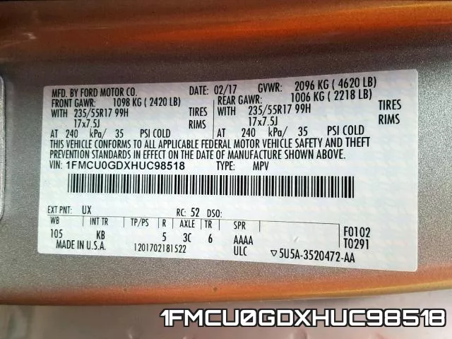 1FMCU0GDXHUC98518 фото 2