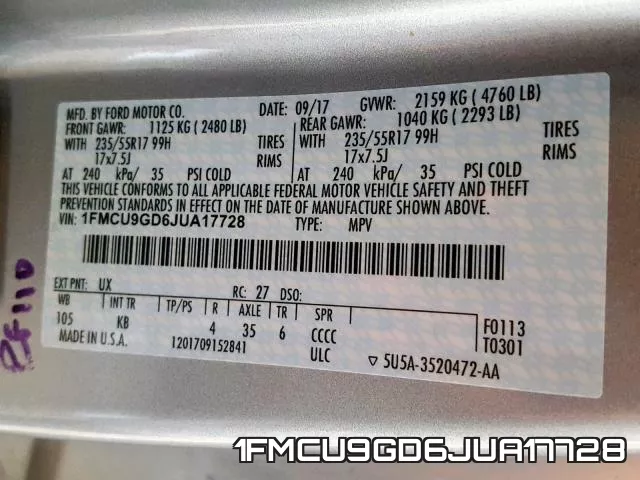 1FMCU9GD6JUA17728 фото 2