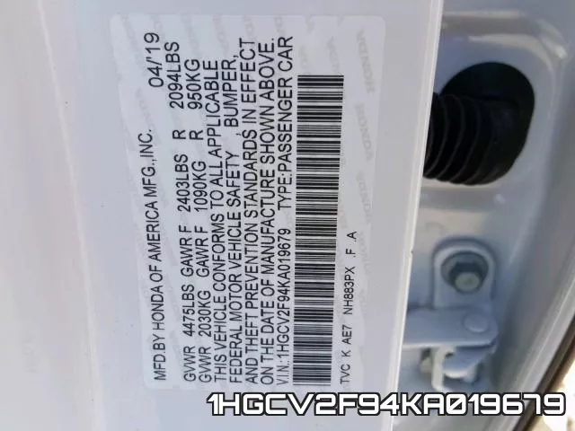 1HGCV2F94KA019679 фото 2
