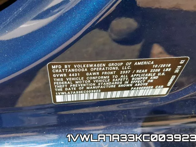 1VWLA7A33KC003923 фото 2