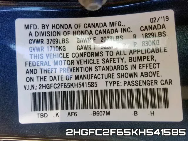 2HGFC2F65KH541585 фото 2