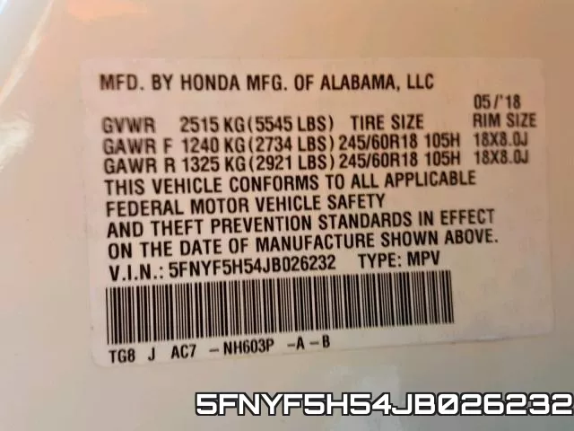 5FNYF5H54JB026232 фото 2