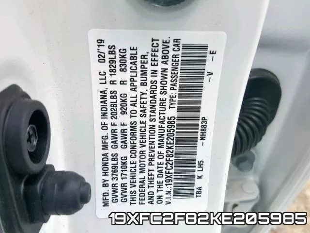 19XFC2F82KE205985 фото 2