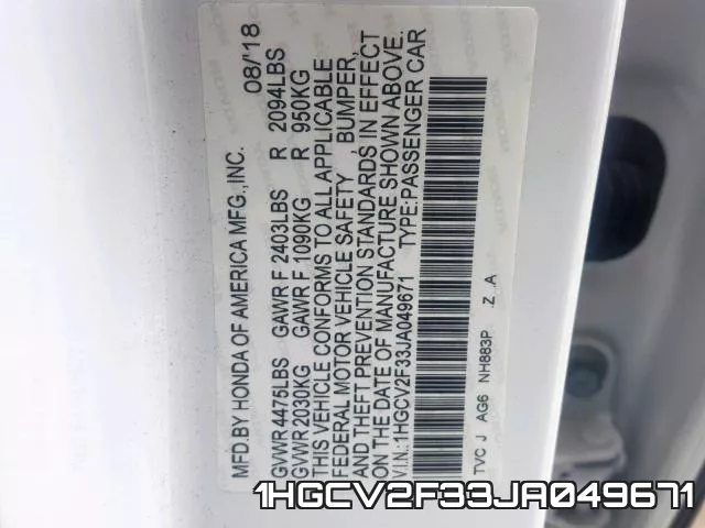 1HGCV2F33JA049671 фото 2