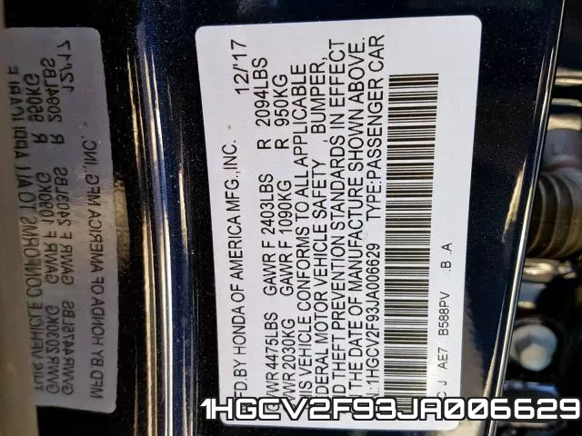 1HGCV2F93JA006629 фото 2