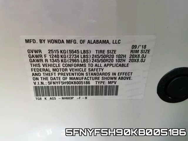 5FNYF5H90KB005186 фото 2