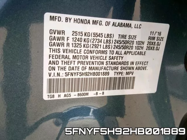 5FNYF5H92HB001889 фото 2