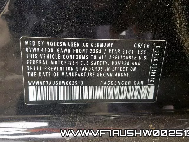WVWVF7AU5HW002513 фото 2