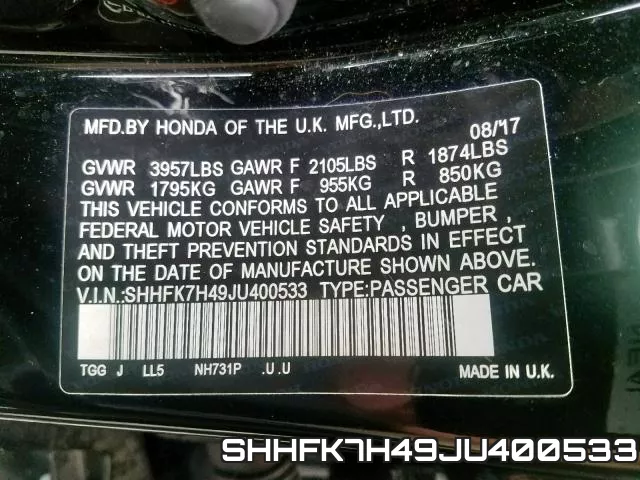 SHHFK7H49JU400533 фото 2