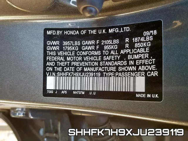 SHHFK7H9XJU239119 фото 2