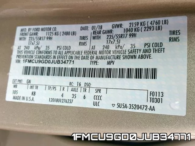 1FMCU9GD0JUB34771 фото 2