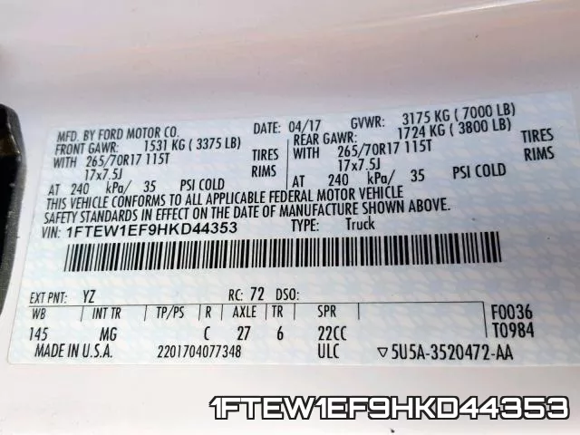 1FTEW1EF9HKD44353 фото 2