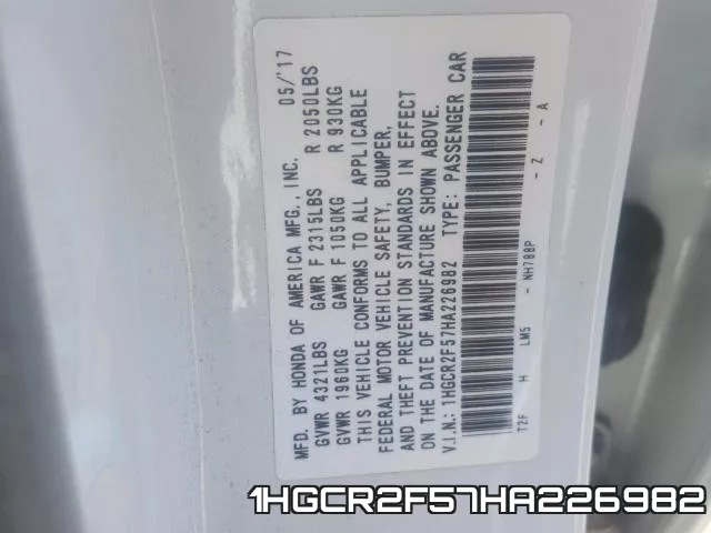 1HGCR2F57HA226982 фото 2