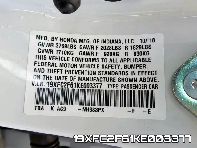 19XFC2F61KE003377 фото 2