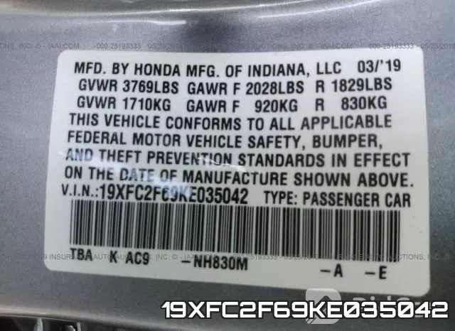 19XFC2F69KE035042 фото 10