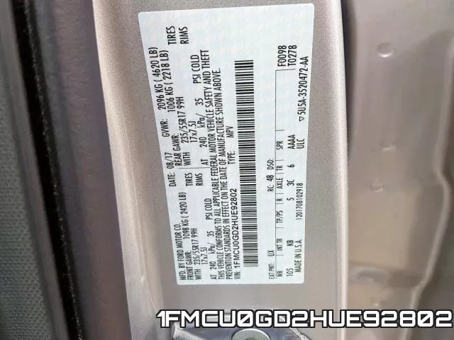 1FMCU0GD2HUE92802 фото 2
