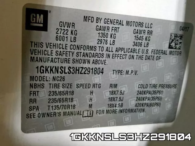 1GKKNSLS3HZ291804 фото 2
