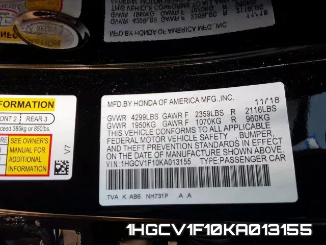 1HGCV1F10KA013155 фото 2