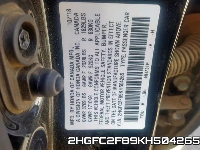 2HGFC2F89KH504265 фото 2