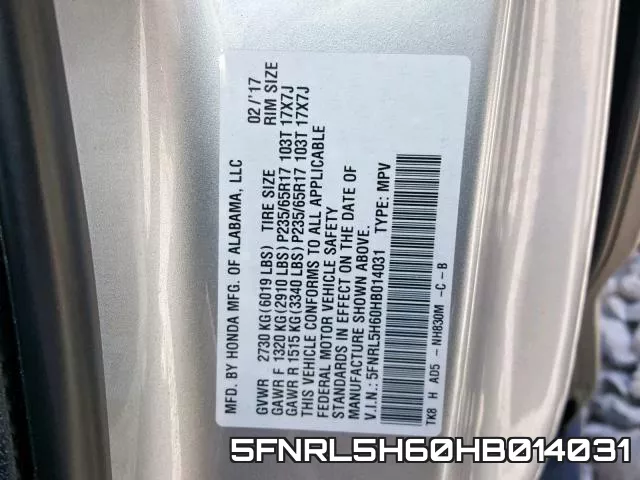 5FNRL5H60HB014031 фото 2