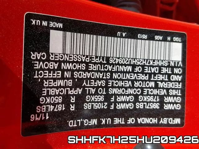 SHHFK7H25HU209426 фото 2