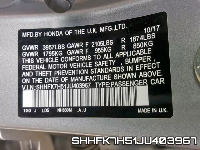 SHHFK7H51JU403967 фото 2