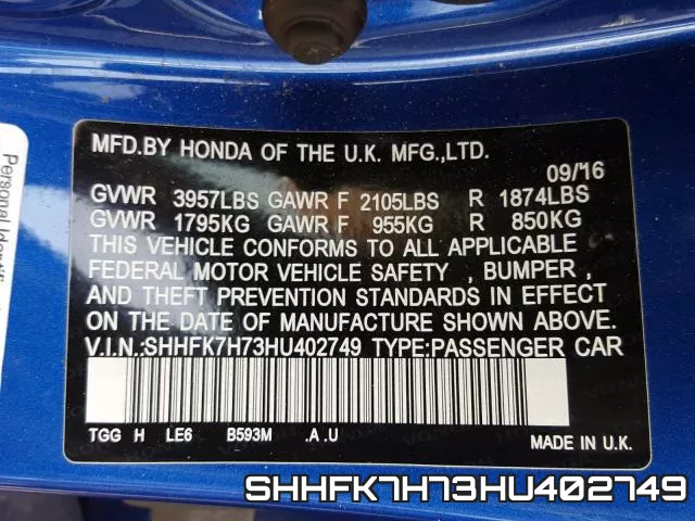 SHHFK7H73HU402749 фото 2
