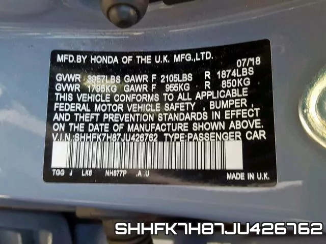 SHHFK7H87JU426762 фото 2