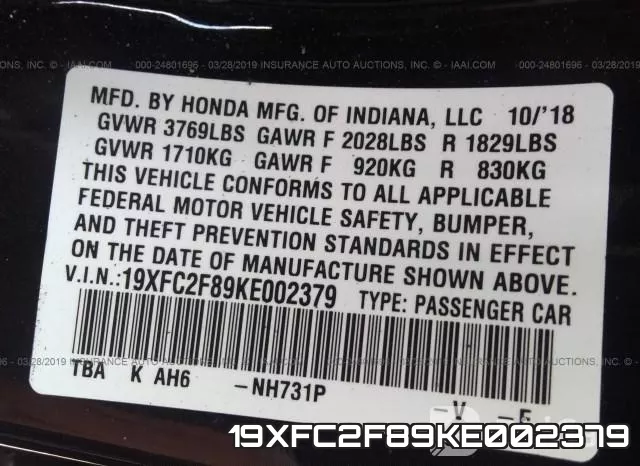 19XFC2F89KE002379 фото 10