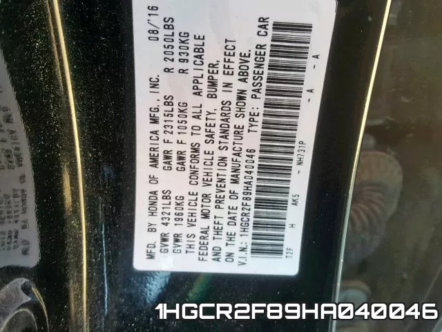 1HGCR2F89HA040046 фото 2