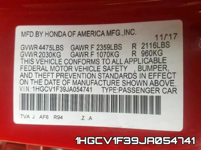 1HGCV1F39JA054741 фото 2