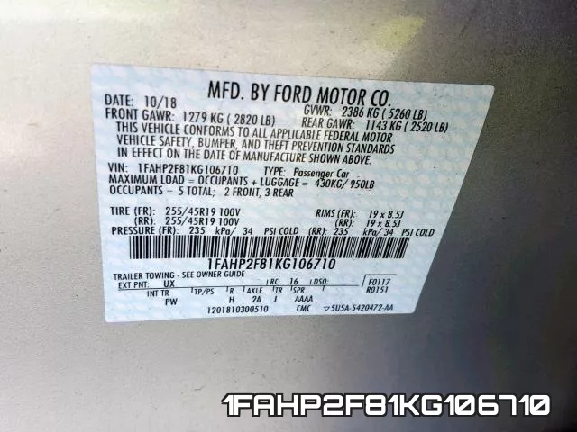 1FAHP2F81KG106710 фото 2