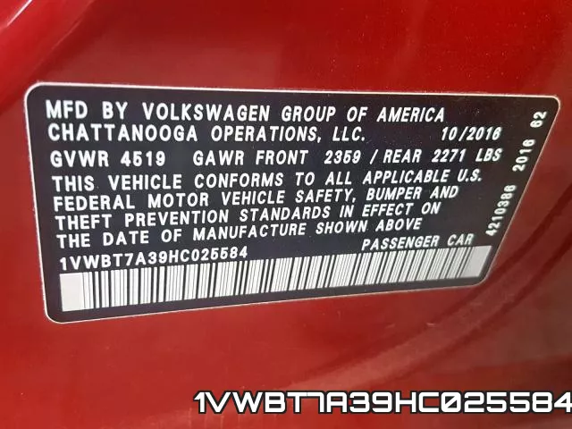 1VWBT7A39HC025584 фото 2