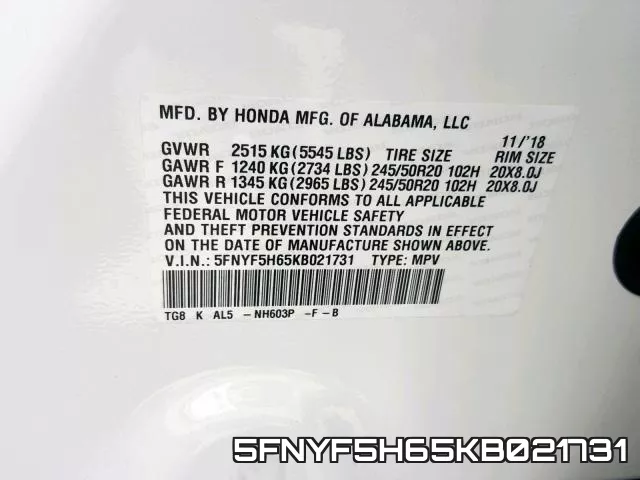 5FNYF5H65KB021731 фото 2