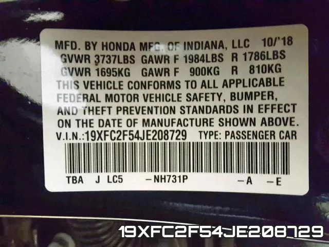 19XFC2F54JE208729 фото 2