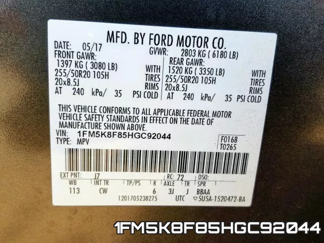1FM5K8F85HGC92044 фото 2