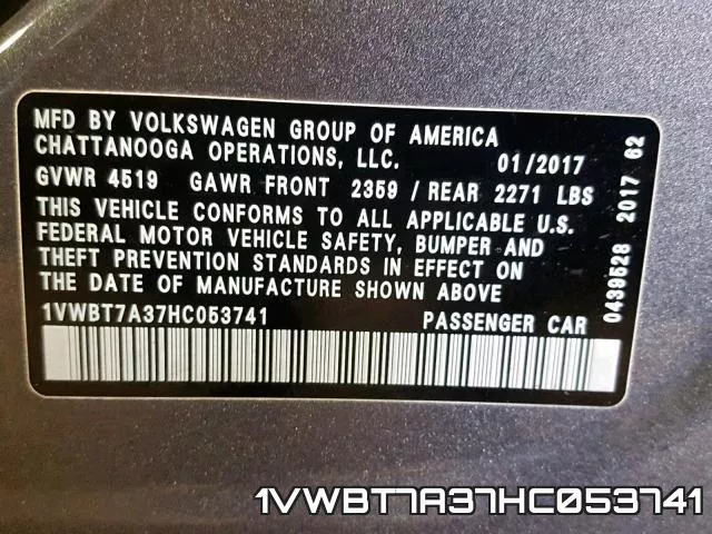 1VWBT7A37HC053741 фото 2