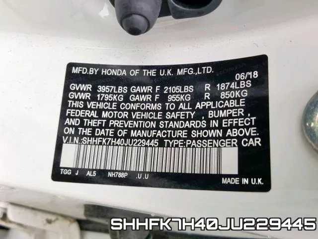 SHHFK7H40JU229445 фото 2