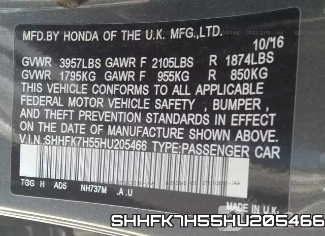 SHHFK7H55HU205466 фото 10