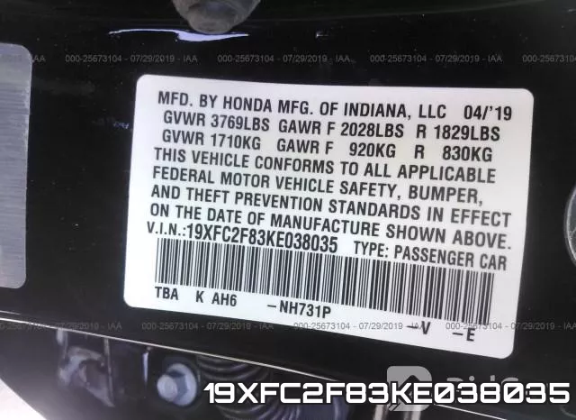 19XFC2F83KE038035 фото 10