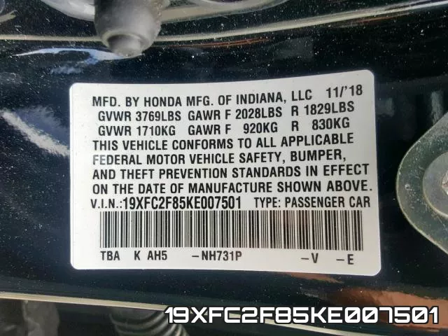 19XFC2F85KE007501 фото 2