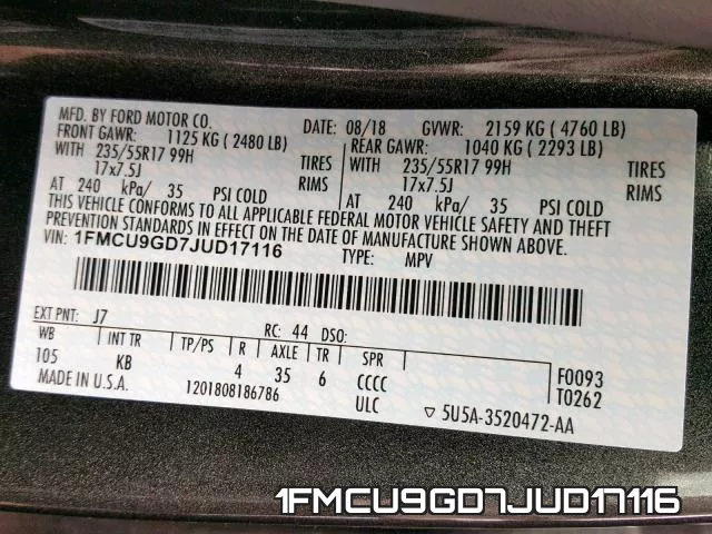 1FMCU9GD7JUD17116 фото 2