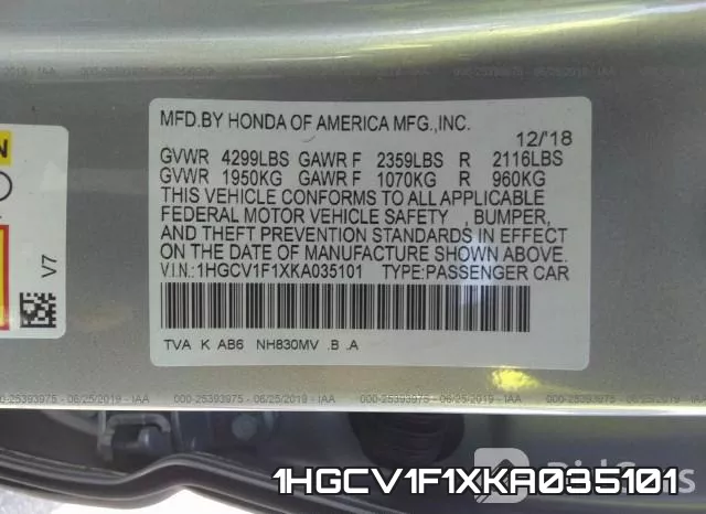 1HGCV1F1XKA035101 фото 10