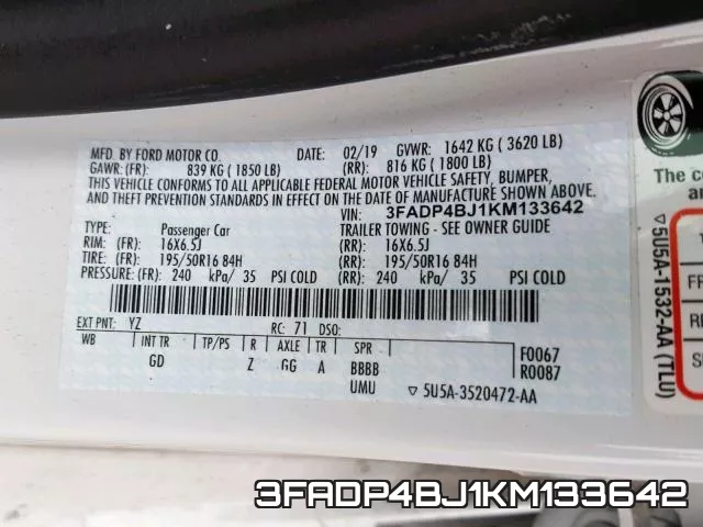 3FADP4BJ1KM133642 фото 2